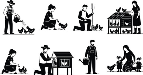 Black and white minimalist vector illustration set of farmers tending chickens, feeding poultry, cleaning coops, and gardening on a rural farm with family lifestyle scenes. © MstShefaly