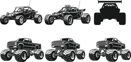 Black and white vector illustration set of monster trucks and off-road desert buggies with large tires for  © MstShefaly