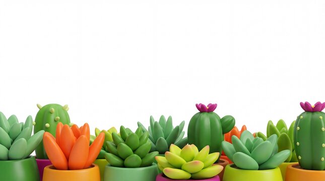 Colorful Succulents and Cacti in Pots on White Background.