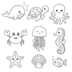 Fototapeta premium Funny cartoon octopus and sea animals vector set