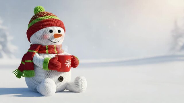 A happy winter snowman with a red hat and scarf celebrates the Christmas holiday season on a cold December day as a joyful New Year decoration