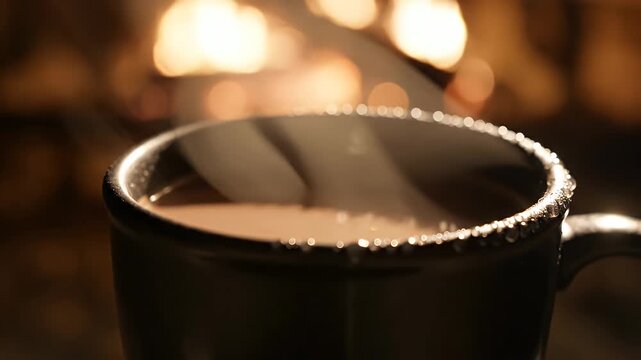 Close-up of a steamy mug of hot cocoa with a blurred, warm fireplace background