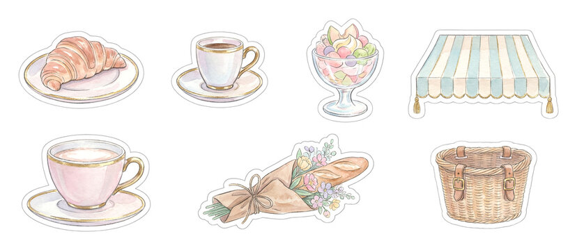 Pastel watercolor Parisian cafe icons sticker Set.