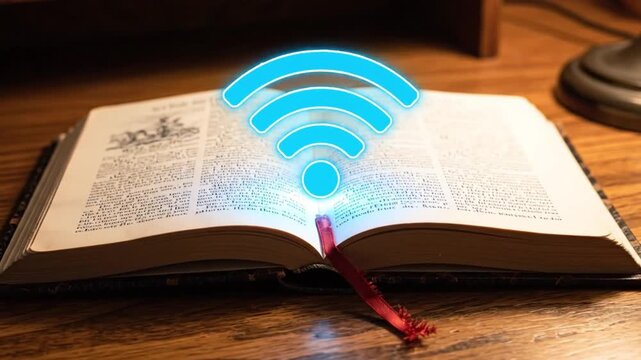 Open book on wooden table with glowing blue wifi symbol above it Red bookmark inside Lamp in background