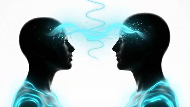 knowledge transfer concept light flowing between two silhouette heads