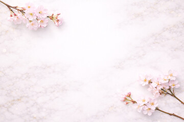 桜の花のフレーム素材　くすみピンクのマーブル模様　春のイメージ