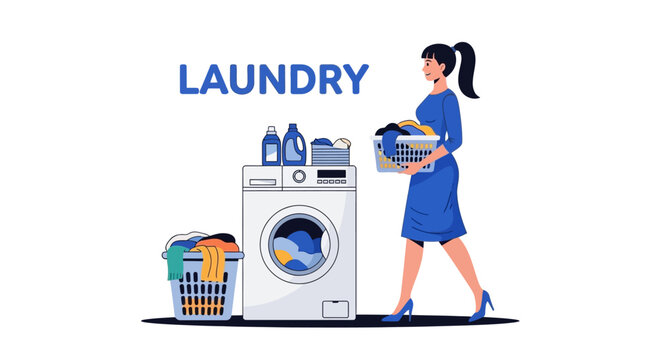 A woman in blue carries laundry next to a washing machine and basket