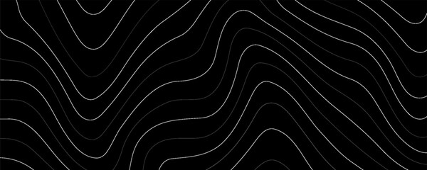 Black background topography contour map with black curve lines. luxury topographic wavy pattern and geographic grid map patterns, topography line map. Vintage outdoors style. © Zain Farhany