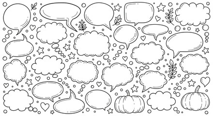 Fototapeta premium Hand drawn collection of speech bubbles pumpkins and floral elements in black and white