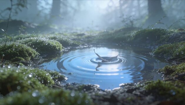 forest floor puddle reflecting sky with falling leaf perfect for all the feels