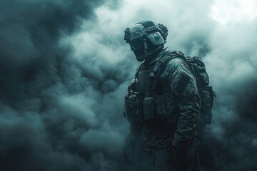 Naklejka premium Special Forces Warrior Standing Amidst Futuristic Battlefield Fog