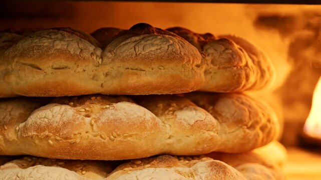 Freshly baked bread loaves rising in a warm oven with flames in background