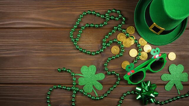 St Patricks Day flat lay with green leprechaun hat gold coins and party accessories on wooden background with copy space