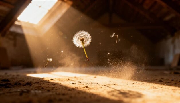 dandelion seed floating in sunlit attic with light leaks perfect for all the feels