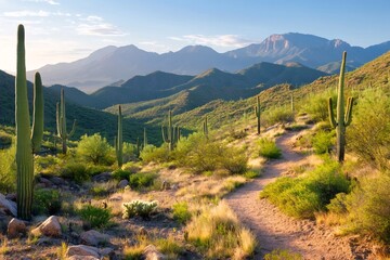 Naklejka premium Sonoran Desert trail hiking with Saguaro cacti and mountains