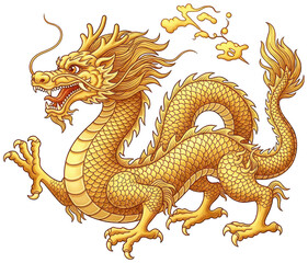 Fototapeta premium Golden dragon png Chinese creature cutout Oriental beast png Traditional mascot cutout Mythical serpent png Yellow dragon cutout Asian isolated transparent background image