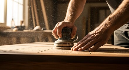 Sanding wooden plank in a sunlit workshop