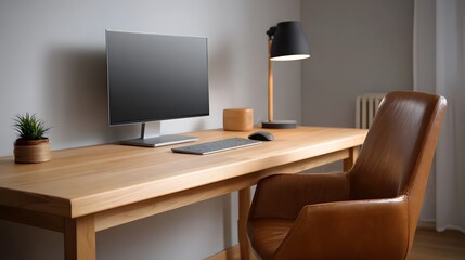 Naklejka premium A modern wooden desk setup with a computer lamp and chair in a minimalist room