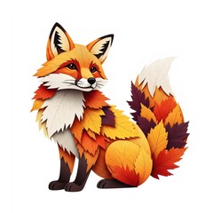 Obraz premium Playful fox composed entirely of textured autumn leaves in orange and red, curious pose with curled leaf tail, photorealistic nature fusion isolated on white