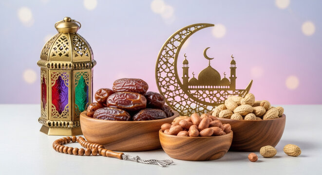 Ramdan kareem and iftar concept with peanuts dates and golden moon lantern and prayer beads on white background with soft lights.