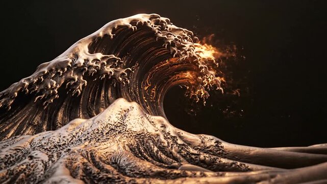 Majestic wave sculpture with fiery crest, representing nature's power and beauty