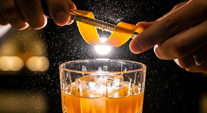 Bartender squeezing fresh orange twist over cocktail