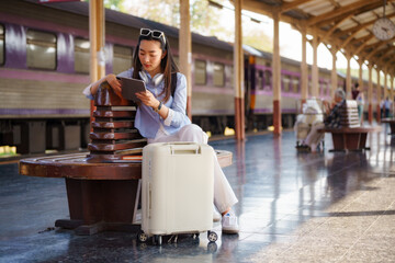 Asian woman traveler sitting in a train station and using a digital tablet. Travel concept.