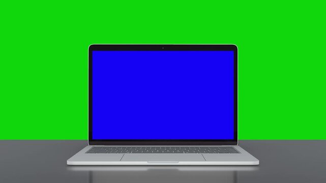 3d rendering of a laptop opening and showing a green screen on a white background. Modern grey Laptop Animated Mockup, Front Side Perspective View, Green Screens. Silver Laptop Animated Opening Mockup