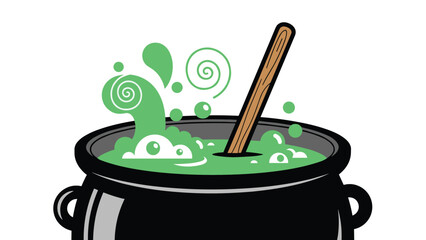 Cartoon illustration of a black witch's cauldron bubbling with a swirling green potion and a wooden stirring spoon inside.