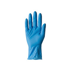 Obraz premium Blue disposable glove hand raised in stop gesture