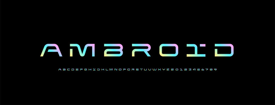 Technical font, digital wide cyber alphabet, bright letters from A to Z and numbers from 0 to 9 for you logo designs, vector illustration 10EPS