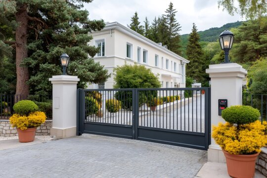 Gated luxury villa entrance preventing unauthorized access