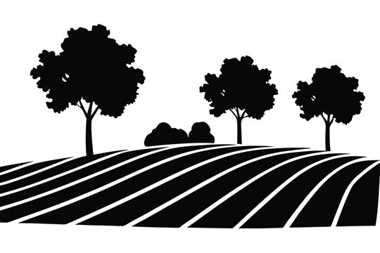rural field with windbreak trees silhouette vector