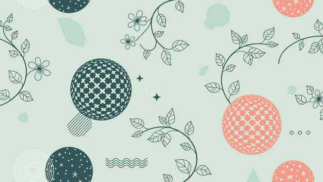 Modern abstract seamless pattern featuring geometric spheres and delicate botanical vine illustrations on a soft light green background.
