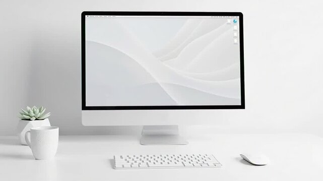 Modern minimalist office workspace with computer and accessories on white desk