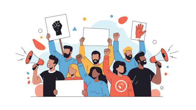 Diverse group of activists participating in a peaceful protest with megaphones, raised fists, and blank signs to demand social justice.