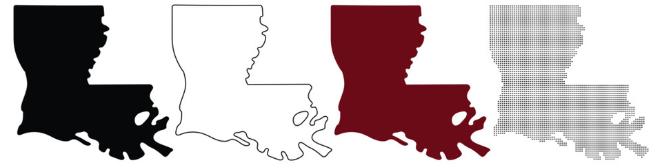 Louisiana State Map Silhouettes in Black, Outline, Maroon, and Dotted Styles