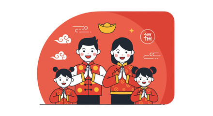 Cartoon Family in Traditional Chinese Clothing.