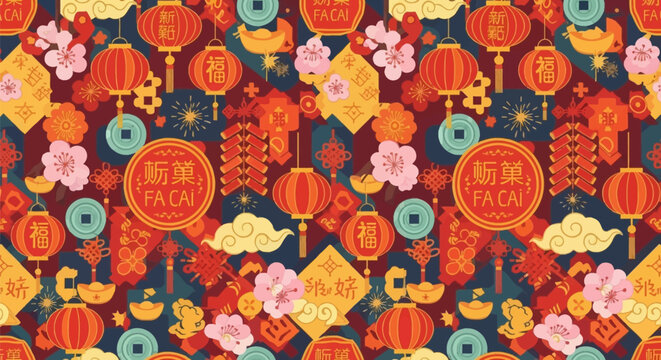 Detailed seamless pattern featuring Chinese New Year symbols: red lanterns, gold ingots, firecrackers, cherry blossoms, and auspicious clouds on a rich dark background.