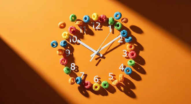 Colorful Cereal Pieces Forming a Creative Clock Face on Orange Background