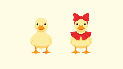 Fototapeta premium Adorable pair of cute cartoon yellow ducklings, one male and one female with a red bow, standing on a pale yellow background.