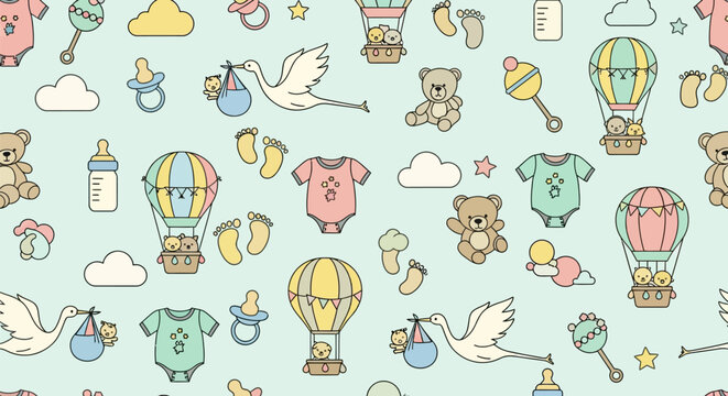 Seamless baby shower pattern with pastel doodles of teddy bears, hot air balloons, bottles, footprints, onesies, and storks on a light blue background.