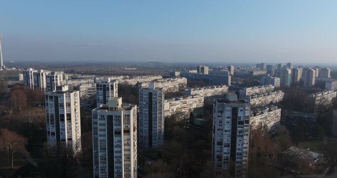 Soviet-style residential buildings on the outskirts of Zagreb. Aerial view