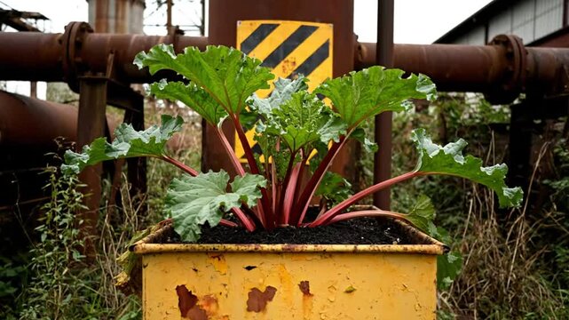 Rhubarb Plant Growing in a Weathered Yellow Container in an Industrial Setting near Pipes and Hazard Sign