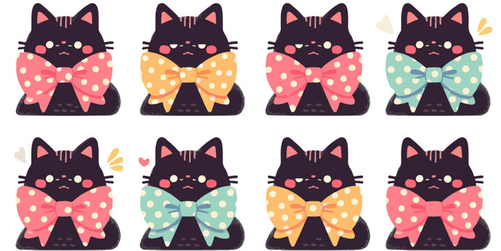 Ensemble d'illustrations vectorielles de petits chatons noirs mignons avec des n&oelig;uds &agrave; pois roses et jaunes isol&eacute;s sur fond transparent.