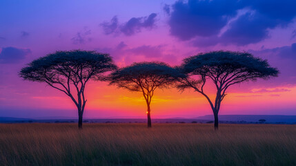 Obraz premium Dramatic African Sunset: Three Iconic Acacia Trees Silhouetted Against Breathtaking Tapestry of Purple, Pink, and Orange Hues over Golden Savanna Grassland