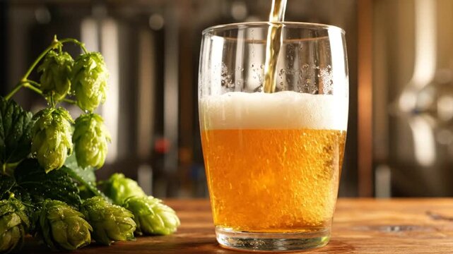 Pouring golden craft beer into a condensation-covered glass with fresh hops and a brewery background for refreshing enjoyment
