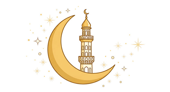 Islamic mosque minaret crescent moon and stars illustration vector design isolated on transparent background
