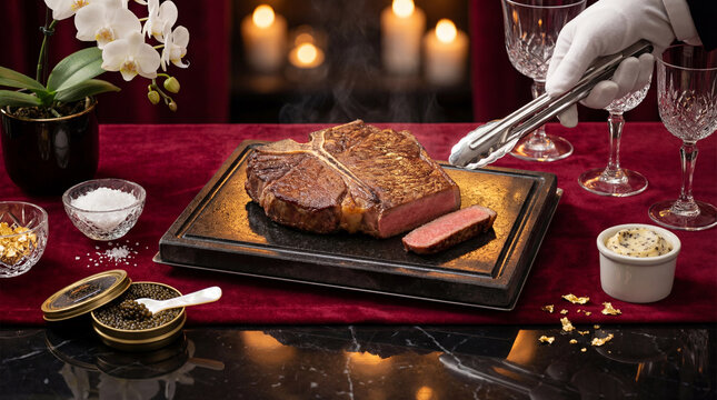 T-Bone Steak Dual-Texture Reveal with Bone Spotlight and Gold Leaf Accents in Maximal Luxury.