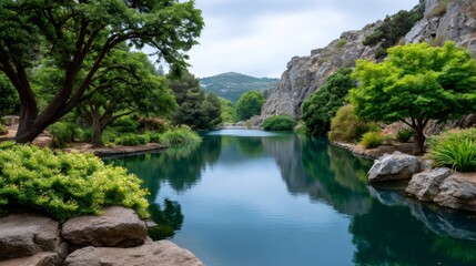 Obraz premium Tranquil pond reflecting lush greenery and rocky hills